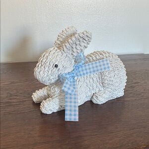 NWT- White Wicker Resin- Spring Easter Bunny Decoration with Blue & White Bow